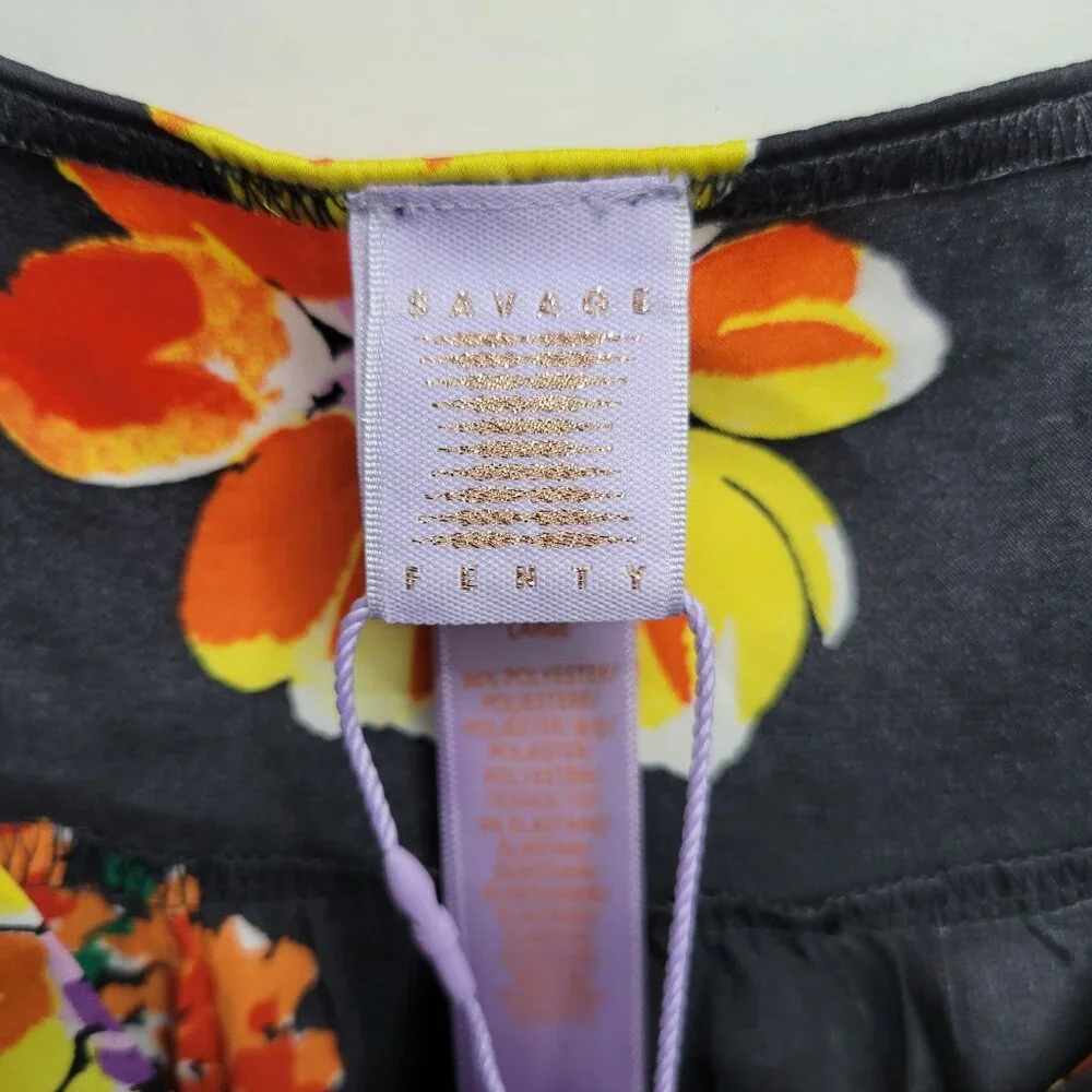 Savage X Fenty Satin Black Floral‎ Tie-Shoulder V-Neck Babydoll Cami Tank Size L
